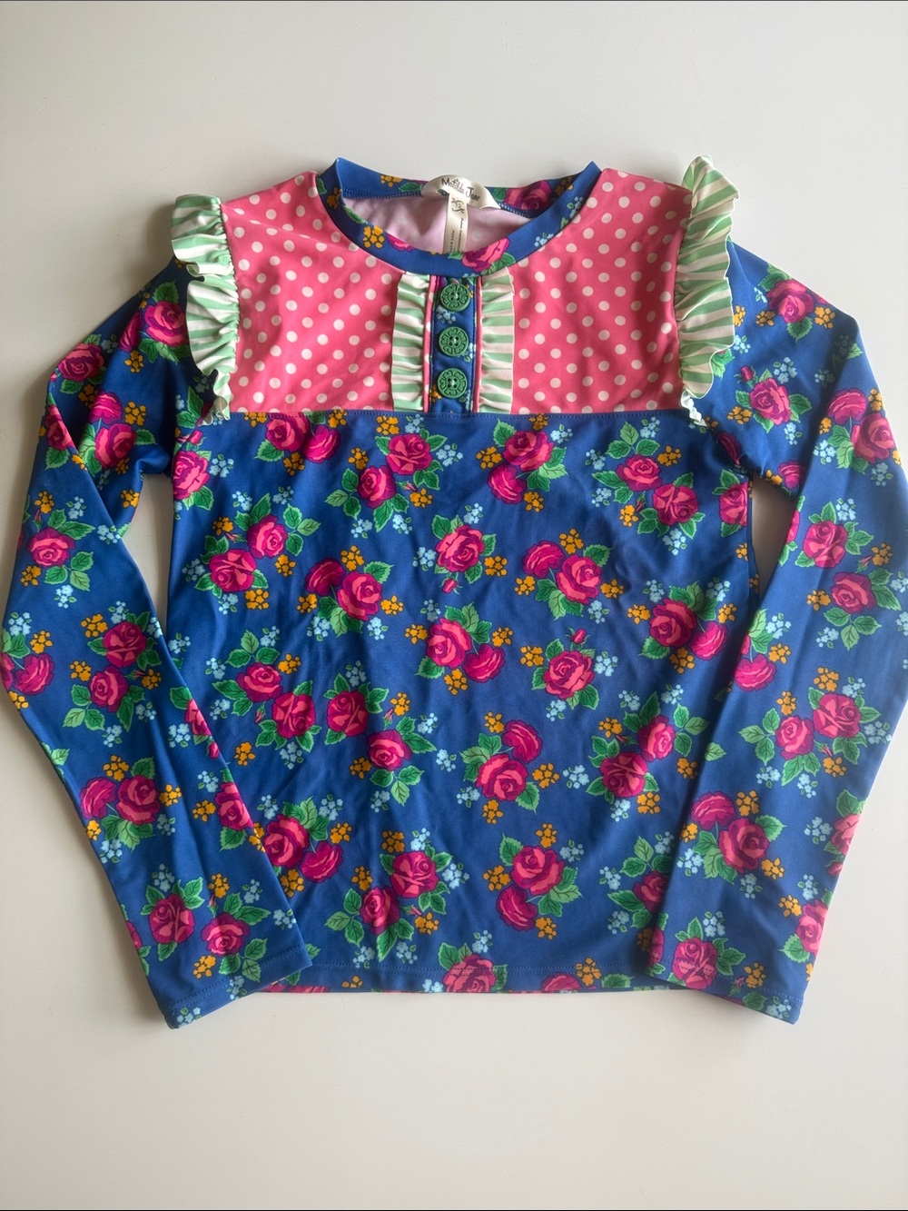 Matilda Jane Blue Floral Rashguard with Pink Polka Dot Yoke Sz 12 EU